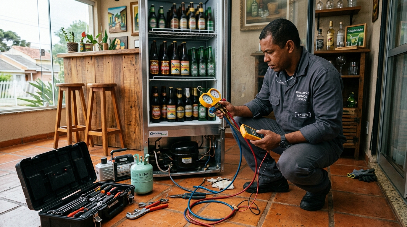 Profissional executando reparo no motor de cervejeira no Centro, Canoas‑RS