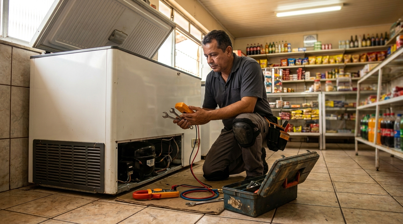 Profissional executando manutenção no motor de freezer em Nossa Senhora das Graças, Canoas‑RS