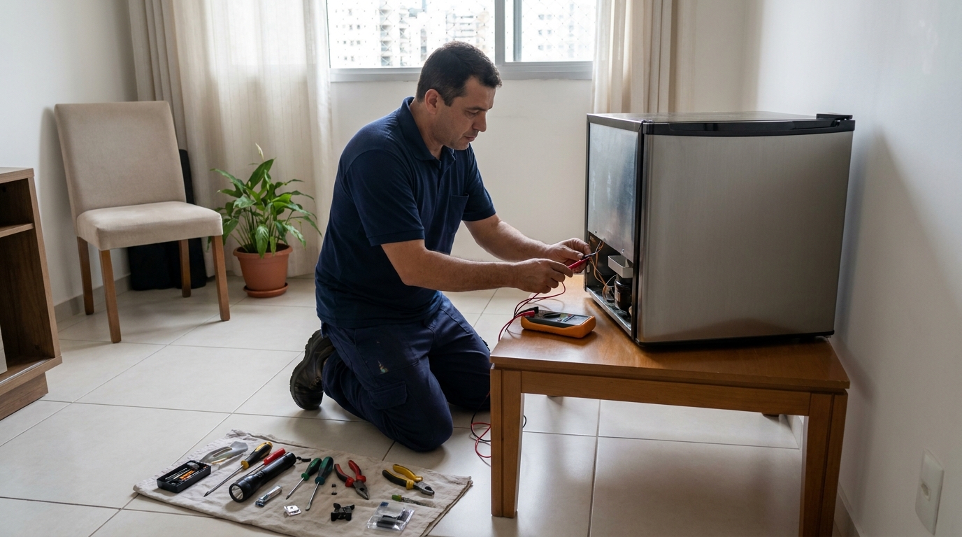 Técnico fazendo manutenção do motor de frigobar em Mathias Velho, Canoas‑RS