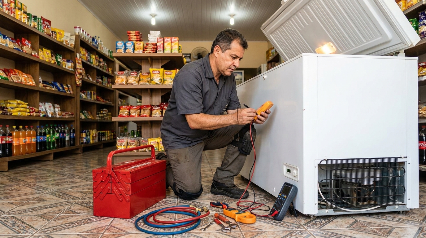 Recarga de gás refrigerante no freezer durante atendimento em Nossa Senhora das Graças, Canoas‑RS