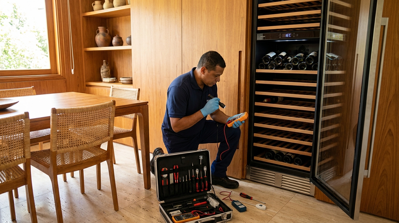 Substituição de termostato em adega climatizada em visita técnica na Olaria, Canoas‑RS