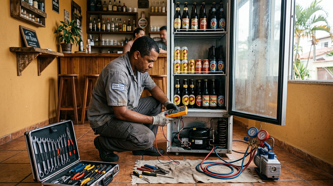 Substituição de termostato de cervejeira em serviço técnico no Centro, Canoas‑RS